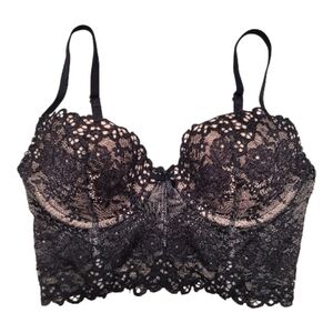 NWT Victoria’s Secret Black & Nude Lace Longline Bustier Bra 34C Push-Up
